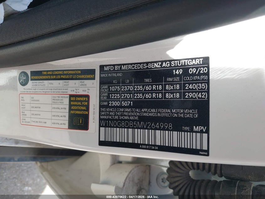 2021 MERCEDES-BENZ GLC 300 VIN: W1N0G8DB5MV264998
