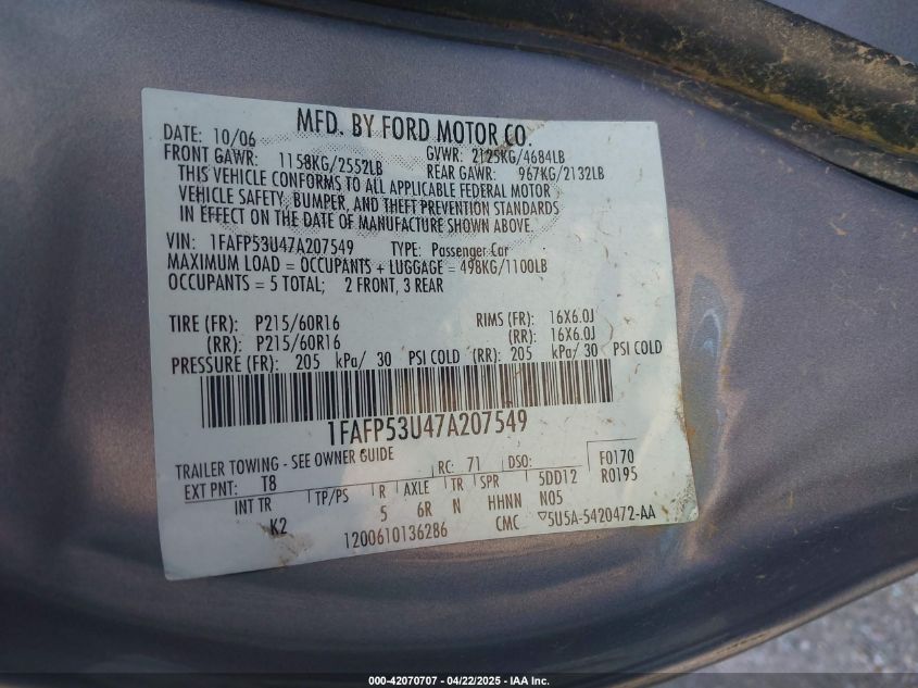 2007 Ford Taurus Se VIN: 1FAFP53U47A207549 Lot: 42540065