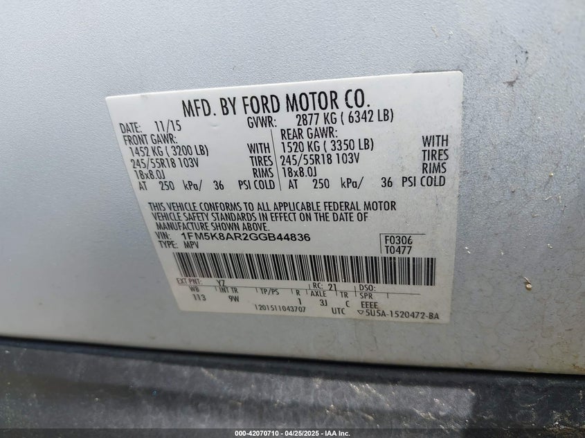 2016 FORD POLICE INTERCEPTOR - 1FM5K8AR2GGB44836