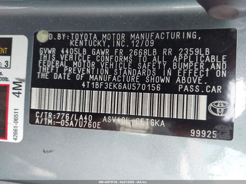 2010 Toyota Camry Xle VIN: 4T1BF3EK6AU570156 Lot: 42070736