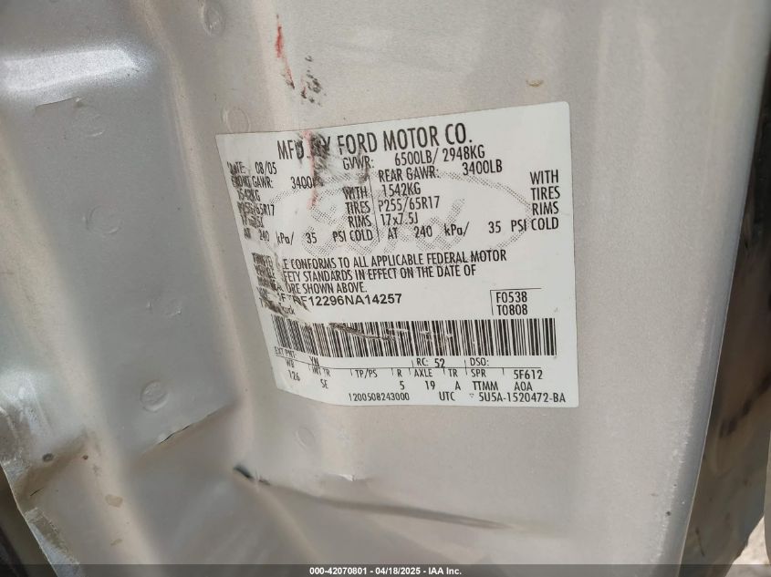 2006 Ford F-150 Stx/Xl/Xlt VIN: 1FTRF12296NA14257 Lot: 42070801