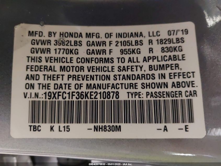 2019 Honda Civic Ex VIN: 19XFC1F36KE210878 Lot: 42070930