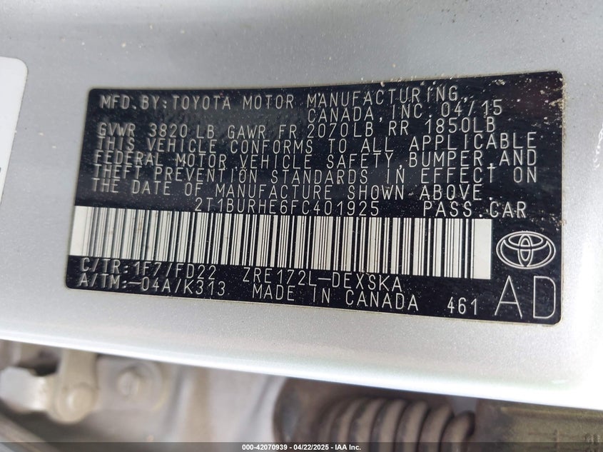 2015 TOYOTA COROLLA S PLUS - 2T1BURHE6FC401925