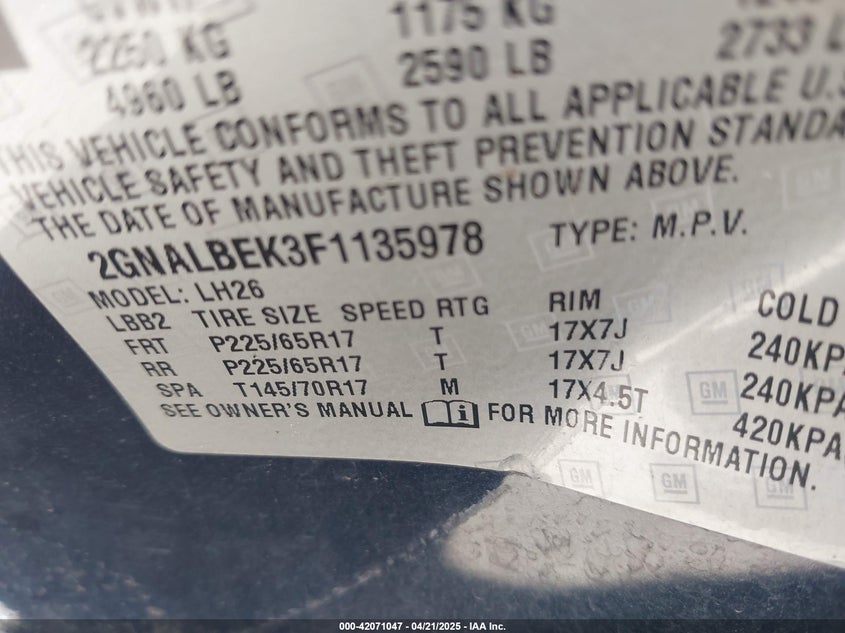 2015 CHEVROLET EQUINOX VIN: 2GNALBEK3F1135978