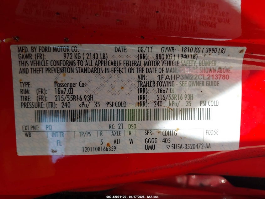 2012 FORD FOCUS VIN: 1FAHP3M22CL213780