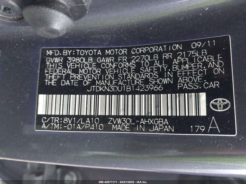 2011 TOYOTA PRIUS VIN: JTDKN3DU1B1423966