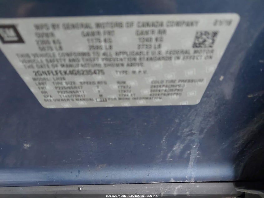 2016 CHEVROLET EQUINOX VIN: 2GNFLFEK4G6235475