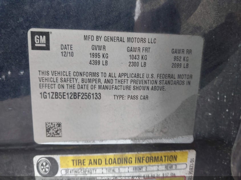 2011 CHEVROLET MALIBU VIN: 1G1ZB5E12BF256133