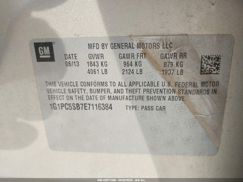 2014 CHEVROLET CRUZE VIN: 1G1PC5SB7E7116384