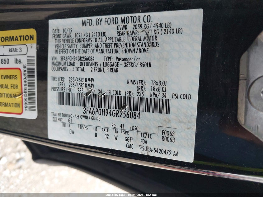 2016 FORD FUSION VIN: 3FA6P0H94GR256084