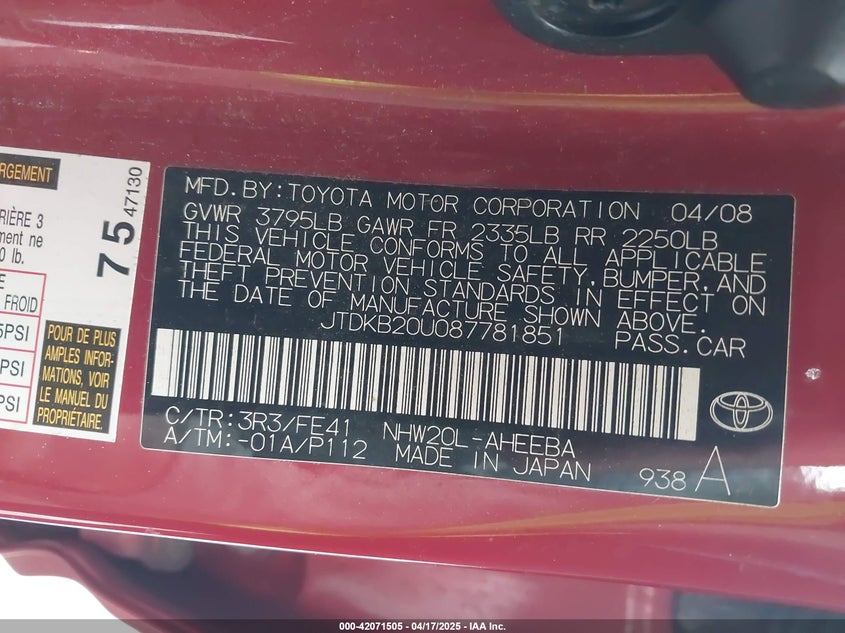 2008 TOYOTA PRIUS VIN: JTDKB20U087781851