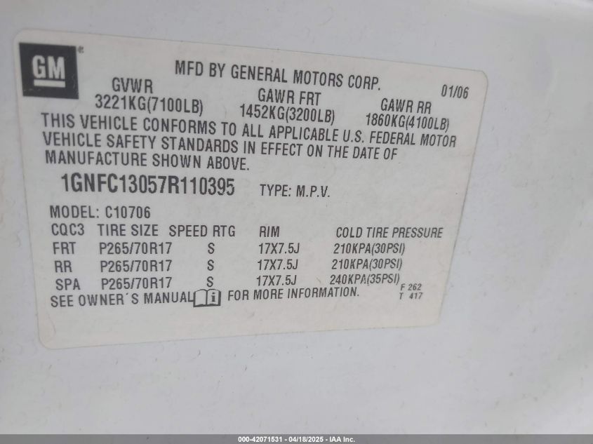 2007 Chevrolet Tahoe Lt VIN: 1GNFC13057R110395 Lot: 42071531