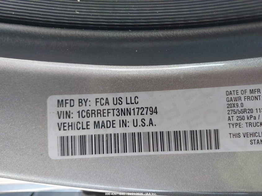 2022 RAM 1500 VIN: 1C6RREFT3NN172794