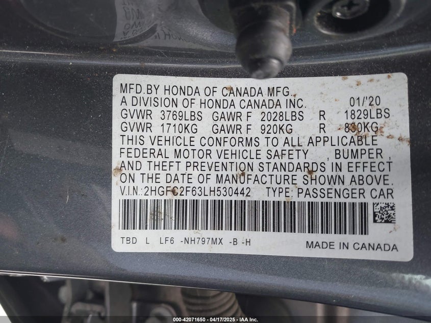 2020 HONDA CIVIC VIN: 2HGFC2F63LH530442