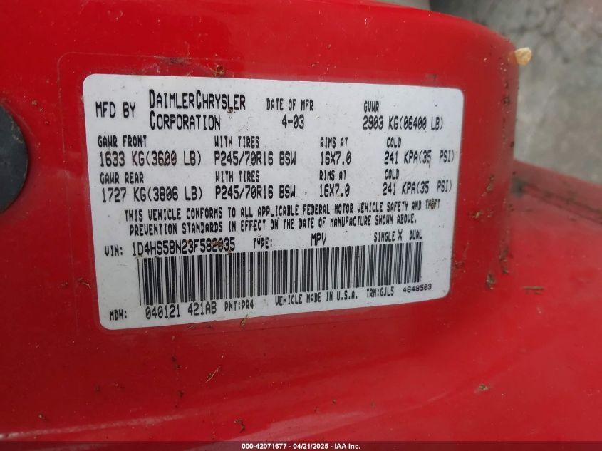 2003 Dodge Durango Slt Plus VIN: 1D4HS58N23F582035 Lot: 42071677