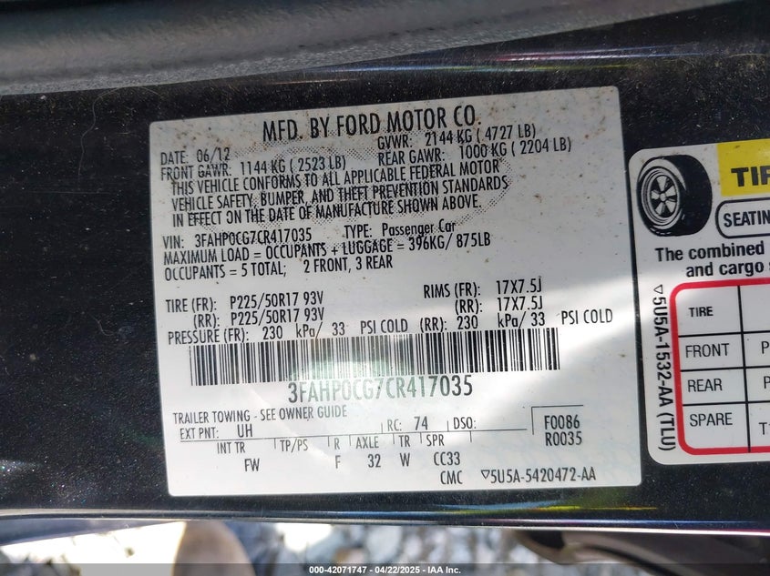 2012 FORD FUSION VIN: 3FAHP0CG7CR417035