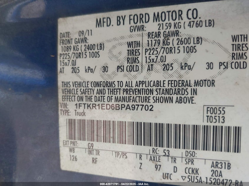 2011 FORD RANGER VIN: 1FTKR1ED6BPA97702