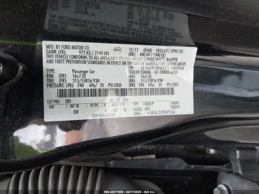 2014 FORD FOCUS VIN: 1FADP3K27EL199542
