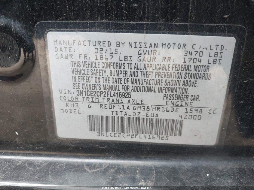 2015 NISSAN VERSA NOTE VIN: 3N1CE2CP2FL416925