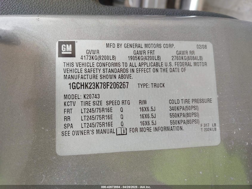 2008 CHEVROLET SILVERADO 2500HD VIN: 1GCHK23K78F206267