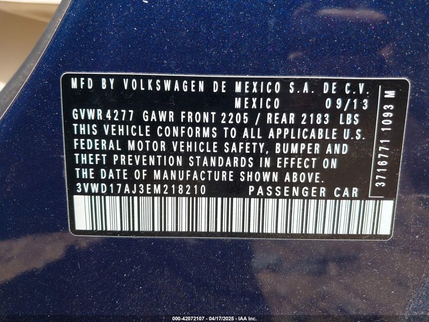 2014 VOLKSWAGEN JETTA VIN: 3VWD17AJ3EM218210