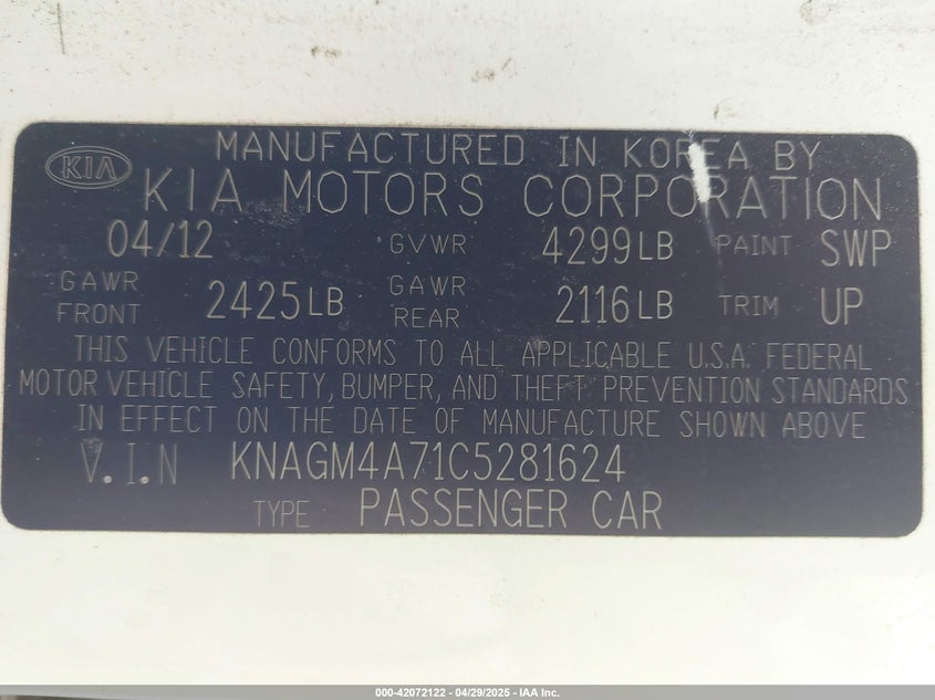 2012 KIA OPTIMA VIN: KNAGM4A71C5281624