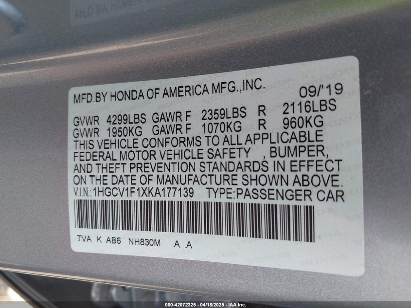 2019 HONDA ACCORD VIN: 1HGCV1F1XKA177139