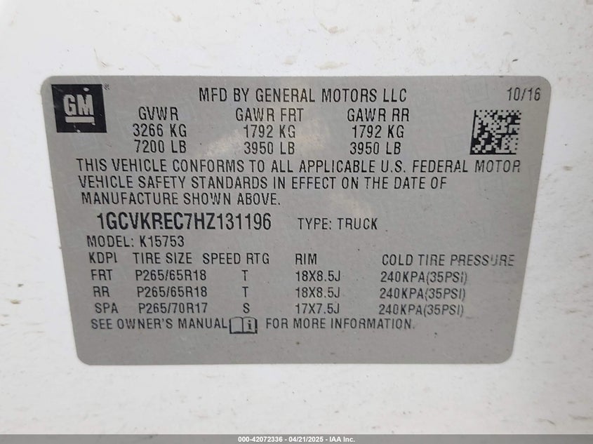2017 CHEVROLET SILVERADO 1500 VIN: 1GCVKREC7HZ131196