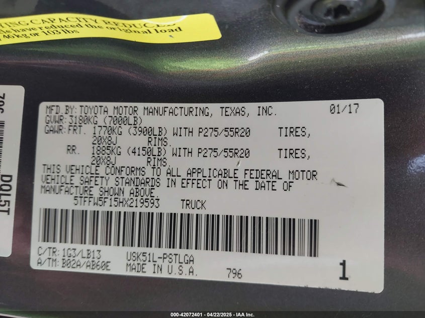 2017 TOYOTA TUNDRA VIN: 5TFFW5F15HX219593