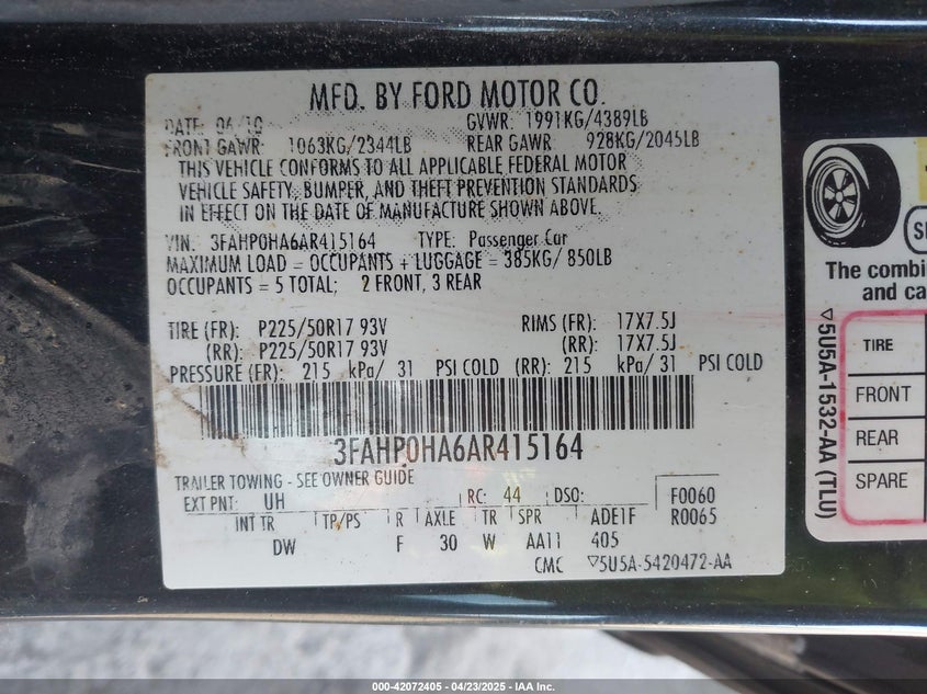 2010 Ford Fusion Se VIN: 3FAHP0HA6AR415164 Lot: 42072405