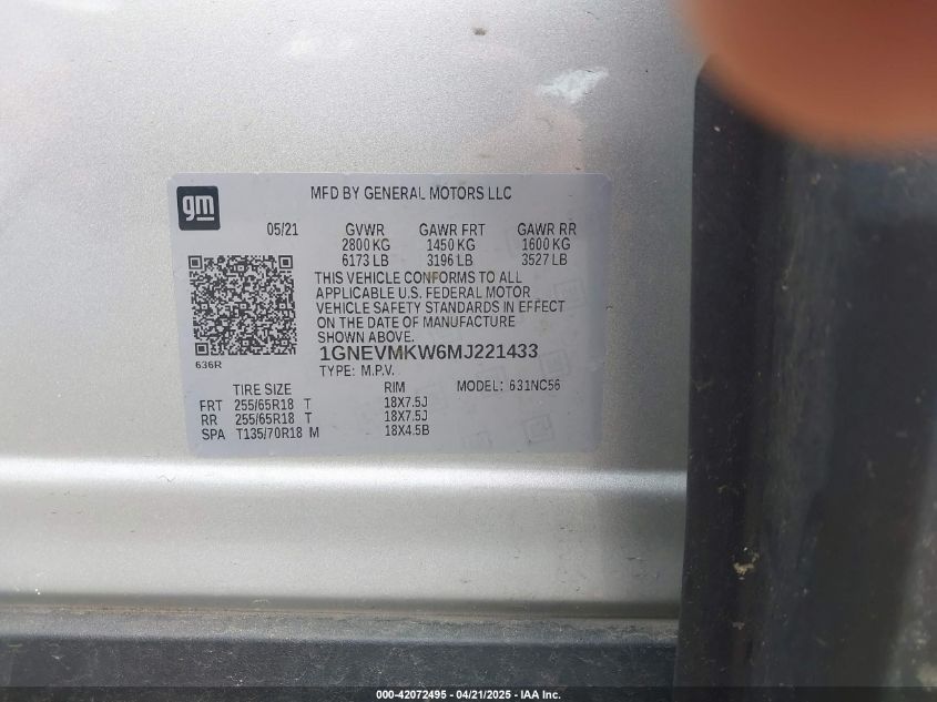 2021 Chevrolet Traverse Awd 2Fl VIN: 1GNEVMKW6MJ221433 Lot: 42072495
