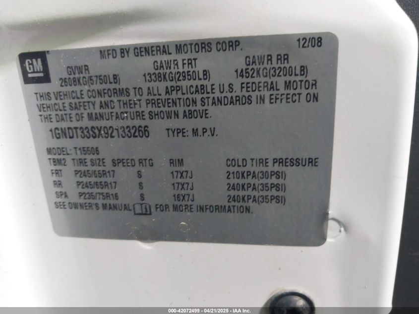 2009 Chevrolet Trailblazer Lt VIN: 1GNDT33SX92133266 Lot: 42072499