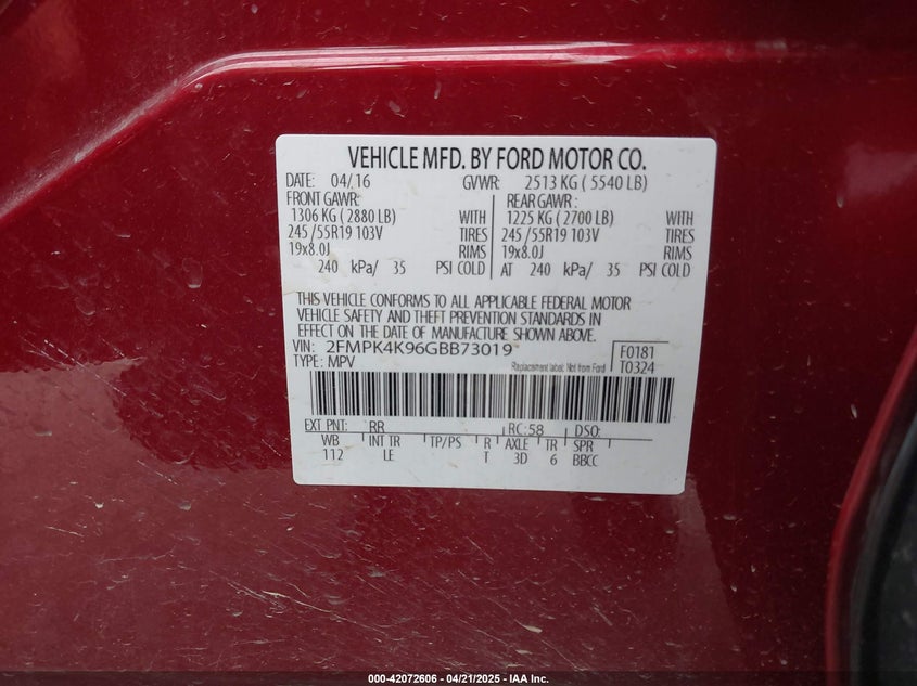 2016 FORD EDGE VIN: 2FMPK4K96GBB73019