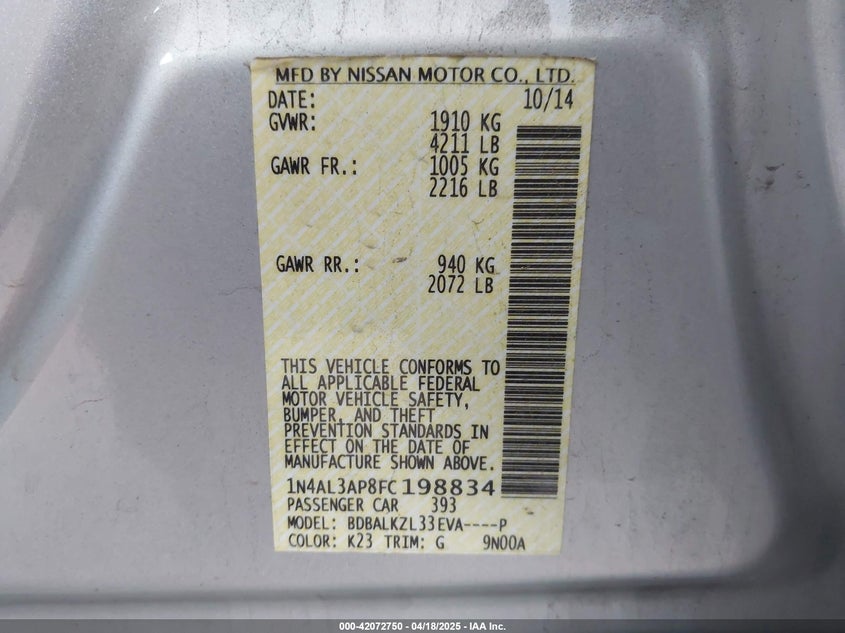 2015 NISSAN ALTIMA VIN: 1N4AL3AP8FC198834