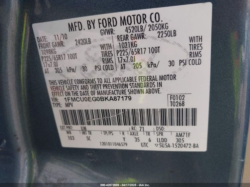 2011 Ford Escape Limited VIN: 1FMCU0EG0BKA87179 Lot: 42072808