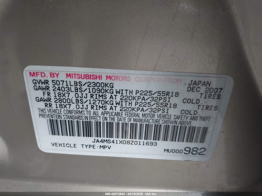 2008 Mitsubishi Outlander Xls VIN: JA4MS41X08Z011693 Lot: 42072843