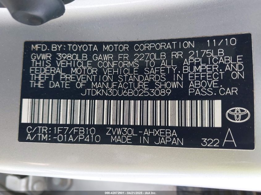2011 Toyota Prius Two VIN: JTDKN3DU6B0253089 Lot: 42072901