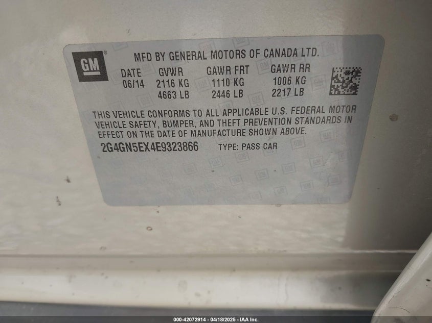 2014 BUICK REGAL VIN: 2G4GN5EX4E9323866