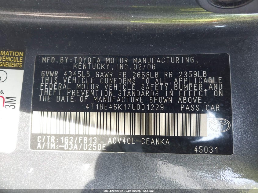 2007 TOYOTA CAMRY VIN: 4T1BE46K17U001229