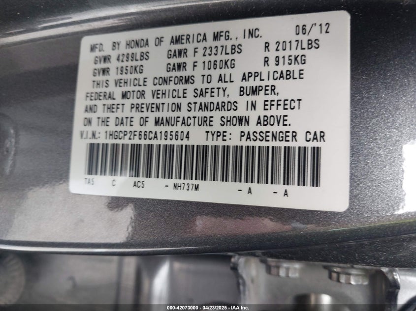 2012 HONDA ACCORD VIN: 1HGCP2F66CA195604