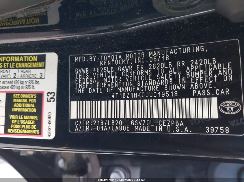 2018 TOYOTA CAMRY VIN: 4T1BZ1HK0JU019518