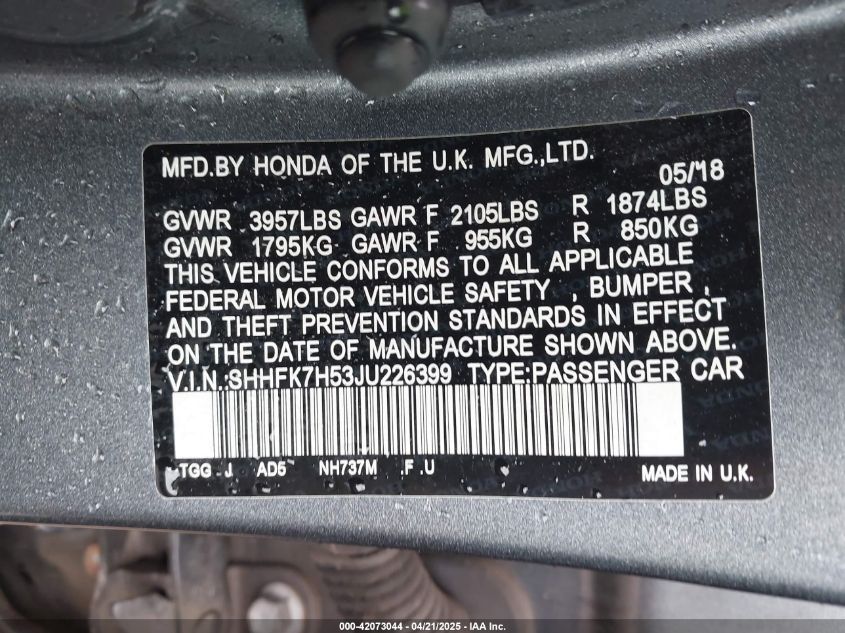 2018 Honda Civic Ex VIN: SHHFK7H53JU226399 Lot: 42073044