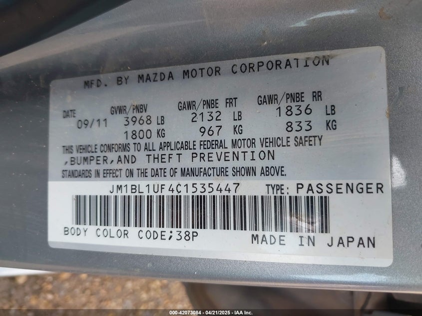 2012 MAZDA 3 VIN: JM1BL1UF4C1535447