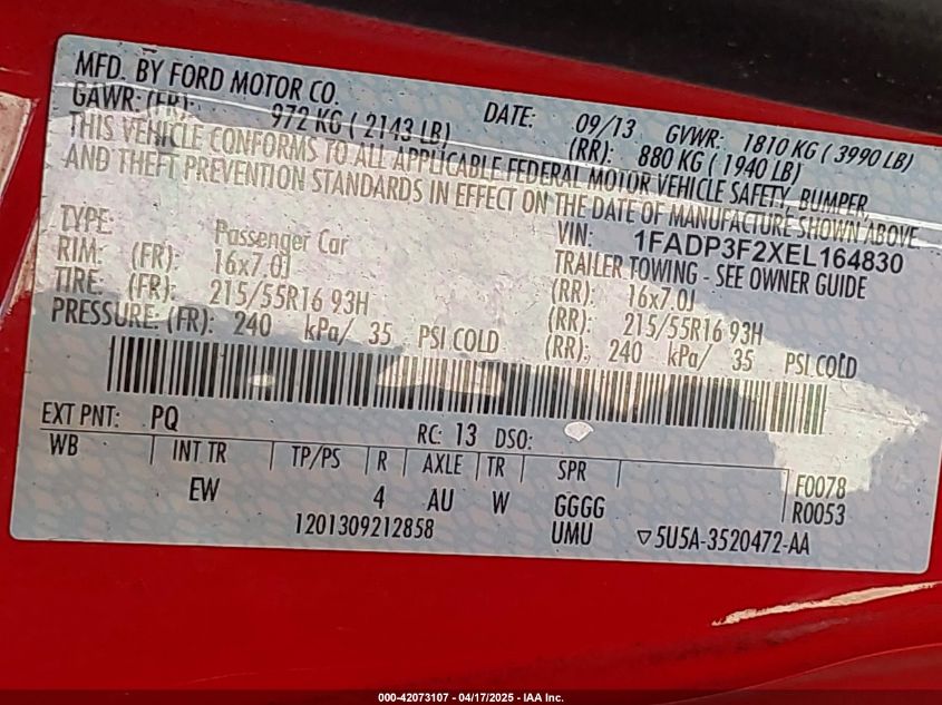 2014 Ford Focus Se VIN: 1FADP3F2XELI64830 Lot: 42073107