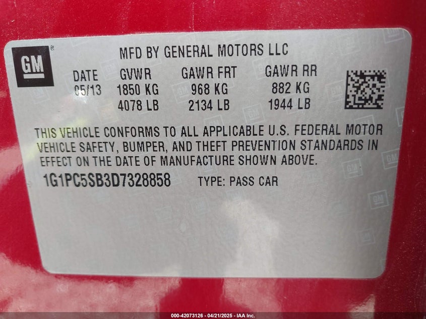 2013 CHEVROLET CRUZE VIN: 1G1PC5SB3D7328858