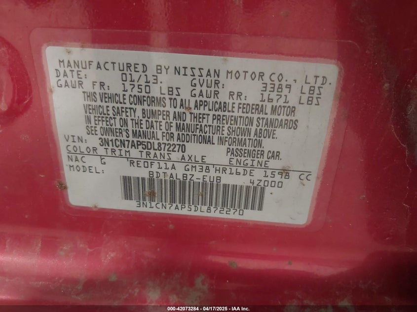 2013 NISSAN VERSA 1.6 SV - 3N1CN7AP5DL872270