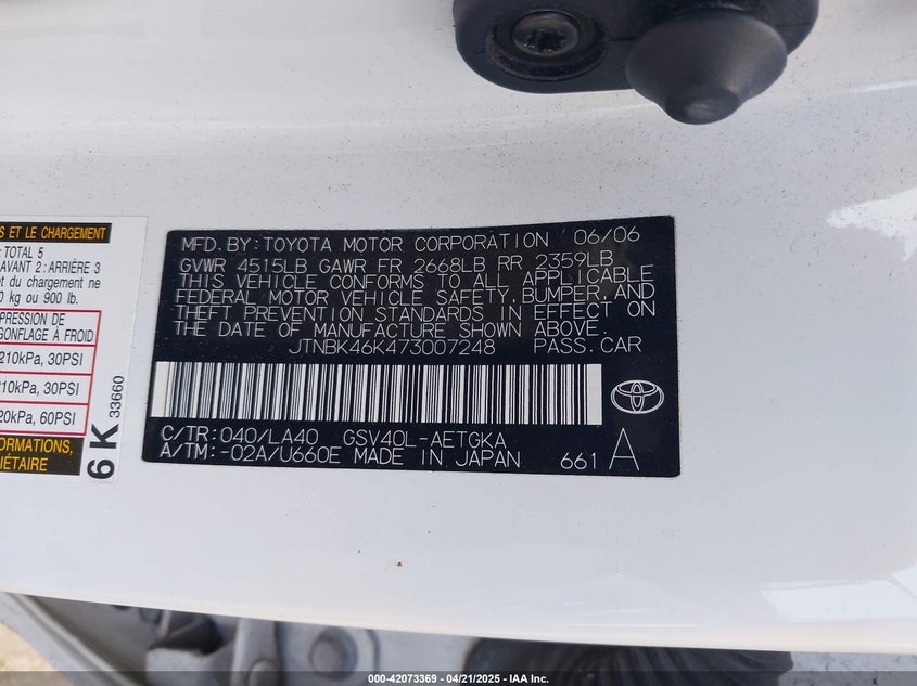2007 TOYOTA CAMRY VIN: JTNBK46K473007248