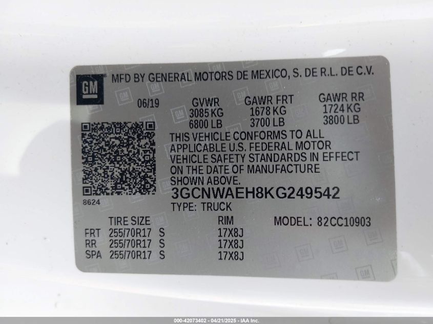 2019 Chevrolet Silverado 1500 Work Truck VIN: 3GCNWAEH8KG249542 Lot: 42073402