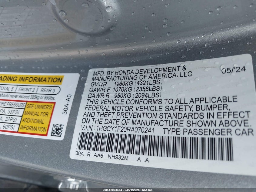 2024 HONDA ACCORD VIN: 1HGCY1F20RA070241