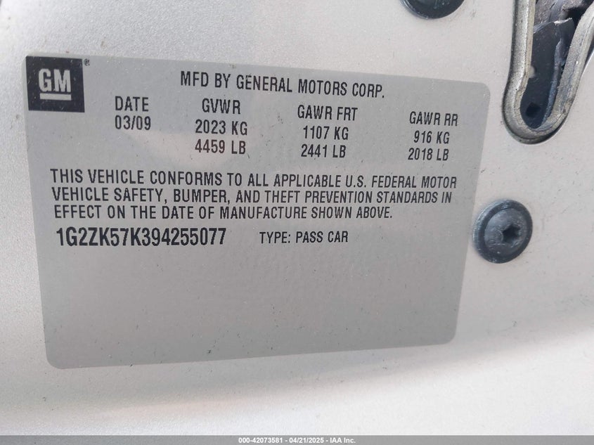 2009 PONTIAC G6 NEW VIN: 1G2ZK57K394255077